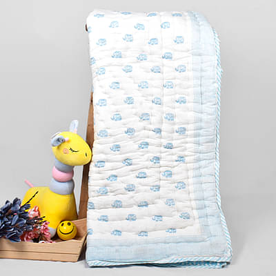 Moms Home Organic Cotton Baby Quilt - Elephant Print- Blue image