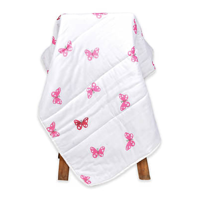 Moms Home Organic Cotton Summer Ac Baby Quilt Blanket Cum Bedspread Butterfly Print - White Pink image