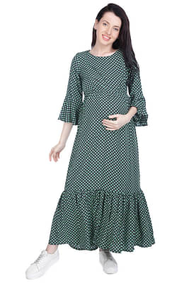 Mothersyard™ Women's Cotton Rayon A- Line Maternity Dress/Easy Breast Feeding/Breastfeeding Dress/Western Dress with Zippers for Nursing Pre and Post Pregnancy - Green & Black image