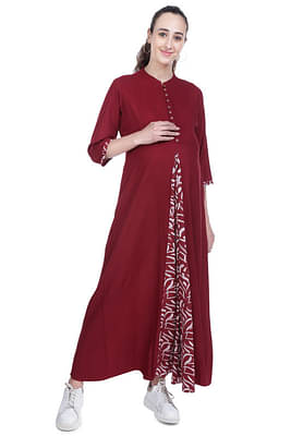 Mothersyard™ Women's Cotton Rayon A- Line Maternity Dress/Easy Breast Feeding/Breastfeeding Dress/Western Dress with Zippers for Nursing Pre and Post Pregnancy - Maroon image