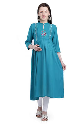 Mothersyard™ Women's Cotton Rayon Embroidery Maternity Dress/Easy Breast Feeding/Breastfeeding Dress/Western Dress with Zippers for Nursing Pre and Post Pregnancy - Sea Green image