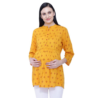 Mothersyard™ Women's Round Neck 3/4 Sleeve Maternity Top - Mango Printed image