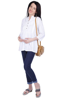 Mothersyard™ Women's Round Neck 3/4 Sleeve Maternity Top - White image