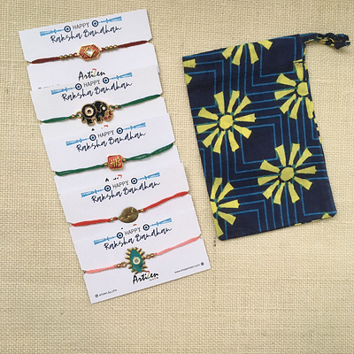 Multicolor Handmade Combo Of 5 Rakhi Set With Cotton Potli Bag - Gift 1 image
