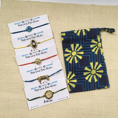 Multicolor Handmade Combo Of 5 Rakhi Set With Cotton Potli Bag - Gift 5 image