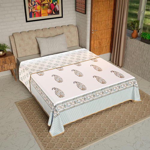 Mustard Green Paisley - Hand Block Printed Single Bed Cotton Dohar image