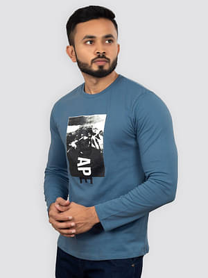 Organic Cotton Crew Neck Escape Dusty Blue T-Shirt In Full Sleeve image
