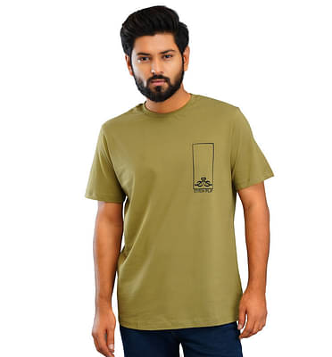 Organic Cotton Round Neck White Logo Olive  T-Shirt In Half Sleeve image