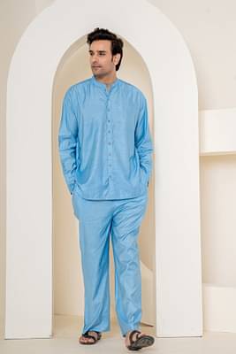 Paizlie 100% Mulberry Silk Ocean Waves Sleepwear for Men - Blue image