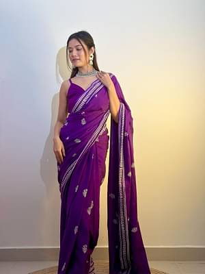 Party Purples - Handblock Print Natural Dyed - Mulmul Cotton Saree image