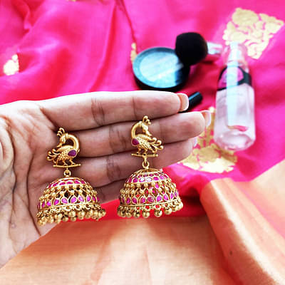 Peahen Antique Jhumka Earrings image