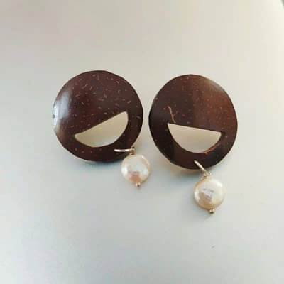 Pearl & Round Coconut Shell Earrings  (Golden Hook) image