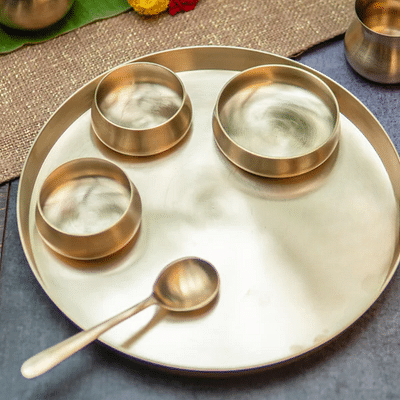 Pure Kansa Curved Brass Thali Set - Set of 6 pieces - Matt Finish Heavy Masterpiece image