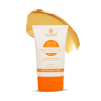 Qurez Tinted Mattifying Sunscreen Spf 50 Pa++++ With Blue Light Protection | Oxybenzone & Omc Free, 50Gms (Hybrid, Tinted ) image