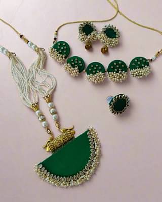 Rainvas Dark Green Golden Choker Long Necklace And Earrings Set image