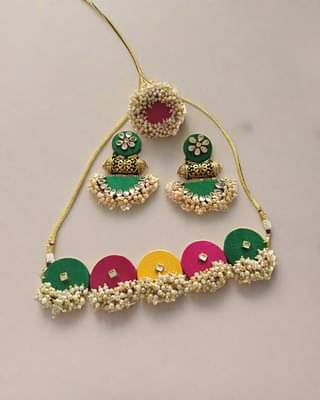 Rainvas Multicolor Choker And Beaded Jhumka Earrings & Ring Set image