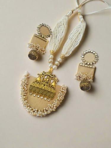 Rainvas Pastel Yellow Beige And Golden Beads Necklace Earrings Set image