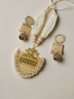 Rainvas Pastel Yellow Beige And Golden Beads Necklace Earrings Set image