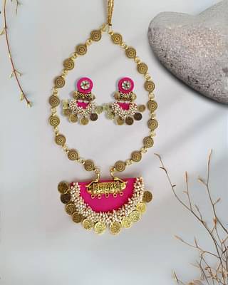 Rainvas Pink And Golden Coin Traditional Necklace Earrings Set image