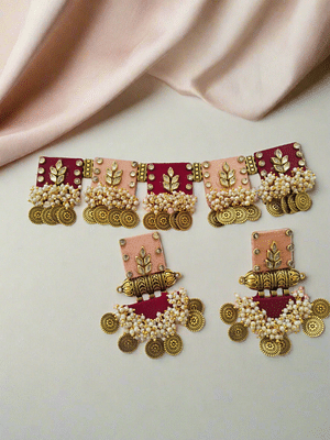 Rainvas Pink And Maroon Coin Heavy Choker Set With Earrings image