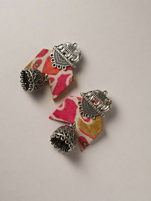 Rainvas Pink Floral Printed Fabric Elephant Charm Oxidised Jhumka image