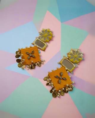 Rainvas Yellow Mirror And Coins Fabric Earrings For Women image