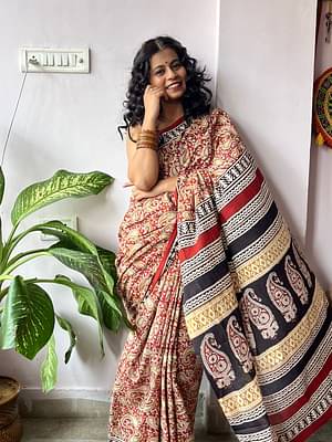 Rathodi - Bagru Natural Dyes Handblock Printed - Cotton Mulmul Saree image