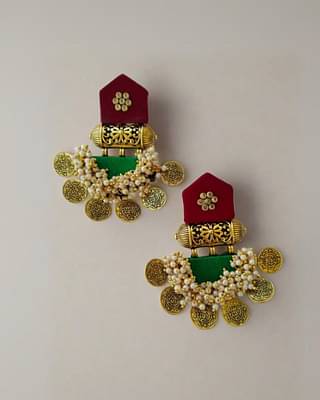 Red Maroon And Green Golden Heavy Coin Earrings image