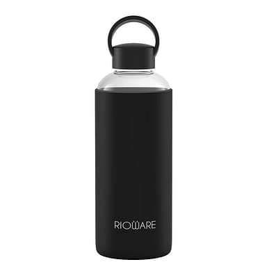 Rioware Aquashot Borosilicate Glass Water Bottle With Silicon Sleeve (750Ml) | Airtight Lid | Leak Proof | Silicon Cap | Fridge Water Bottles For Home, Office & Gym -Pack Of 01(Black) image