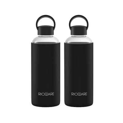 Rioware Aquashot Borosilicate Glass Water Bottle With Silicon Sleeve (750Ml) | Airtight Lid | Leak Proof | Silicon Cap | Fridge Water Bottles For Home, Office & Gym -Pack Of 2 (Black) image