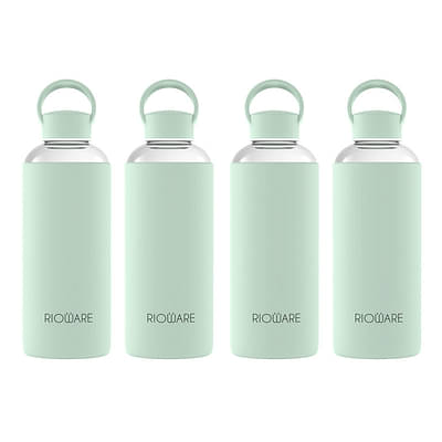 Rioware Aquashot Borosilicate Glass Water Bottle With Silicon Sleeve P04 (750Ml) | Airtight Lid | Leak Proof | Silicon Cap | Fridge Water Bottles For Home, Office & Gym -Pack Of 2 (Green) image