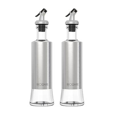 Rioware Glass Oil Dispenser With Stainless Steel Cover Seasoning Glass Oil Bottle Leakproof Oiler Tank Household Condiment Dispenser 300Ml -Pack Of 02 image