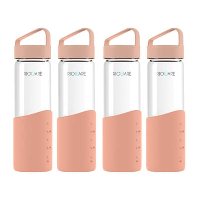 Rioware Hydraboost Borosilicate Glass Water Bottle With Silicon Sleeve (550Ml) | Airtight Lid | Leak Proof | Silicon Cap | Fridge Water Bottles For Home, Office & Gym -Pack Of 4 (Pink) image