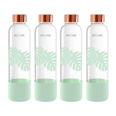 Rioware Purifa Borosilicate Glass Water Bottle With Silicon Sleeve (750Ml) | Airtight Lid | Leak Proof | Silicon Cap | Fridge Water Bottles For Home, Office & Gym -Pack Of 4 (Green) image