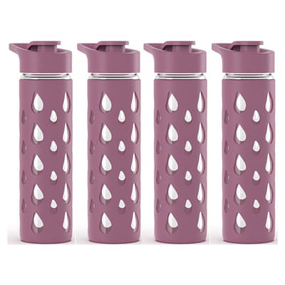 Rioware Quicksip Borosilicate Glass Water Bottle With Silicon Sleeve (550Ml) | Airtight Lid | Leak Proof | Silicon Cap | Fridge Water Bottles For Home, Office & Gym -Pack Of 4 (Purple) image