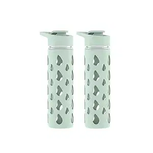 Rioware Quicksip Borosilicate Glass Water Bottle With Silicon Sleeve P02 (550Ml) | Airtight Lid | Leak Proof | Silicon Cap | Fridge Water Bottles For Home, Office & Gym -Pack Of 2 (Green) image