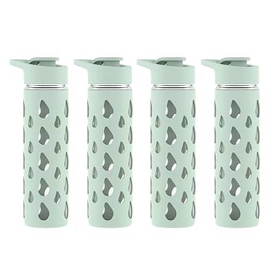 Rioware Quicksip Borosilicate Glass Water Bottle With Silicon Sleeve P04(550Ml) | Airtight Lid | Leak Proof | Silicon Cap | Fridge Water Bottles For Home, Office & Gym -Pack Of 2 (Green) image