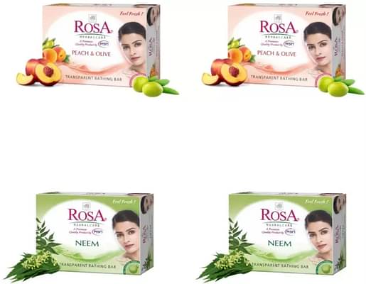 Rosa Transparent Neem Gel Soap And Peach & Olive Gel Soap I Bathing Bar I For Soft And Smooth Skin I Pack 4 *100G Each (Neem -2 And Peach & Olive -2) image