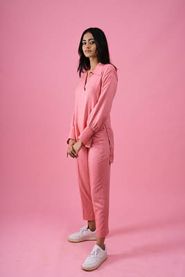 Rosie Tencel Pink Pants And Rosie Loose Fit Long Shirt  Set image