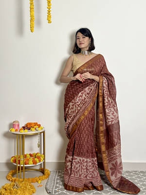 SainSisters Phool - Handblock Printed - Maheshwari Silk Saree, Brown image