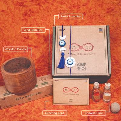 Scrapshala Nazarbattu Premium Rakhi Box | Plantable Rakhi And Lumba Set | Wooden Planter | Planting Material | Roli-Chawal | Seed Ball | Greeting Card | Handmade In Banaras image