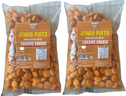 Snack First Baked Jowar Puffs, Combo Of 2, Creamy Cheese, No Onion No Garlic, Jain, Puffed Jowar Puffs Healthy Snack, Diet-Food, Low Calorie, Nutritious Snack, Healthy Namkeen, Each 100G, Pouch image