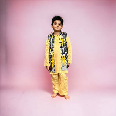 Solid yellow and shibori kurta jacket set image