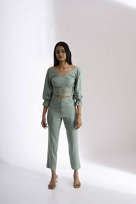 Soul Eyes Green Tencel Pants & Crop Top Set image