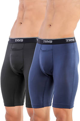 TRYB Mens Compression Shorts Long Leg Performance Underwear Spandex Running Workout Athletic Quick Dry Tights Boxer Brief Trunk (Pack of 2) image