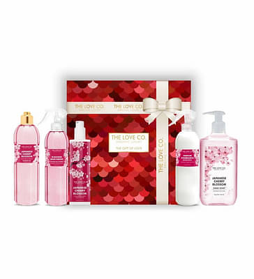 The Love Co. Japanese Cherry Blossom Bath And Body Care Gift Box - Shower Gel,Room Spray, Hand Wash,In Shower Moistrizer, Diamond Shimmer Lotion |Pack Of 5 | For Men And Women | Pampering Kit For Anniversary, Birthday & All Special Occasions | Premium Packaging | 1200 Gm | GB9 image