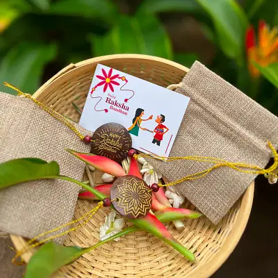 Thenga Eco-Friendly Coconut Shell Rakhis for Brothers (Includes 3 Rakhis, Jute Potli & Raksha Bandhan Card) - Set of 3 image