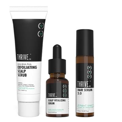 ThriveCo Triple Action Hair Health Kit | AHA BHA PHA Exfoliating Scalp Scrub 25ml, Scalp Vitalizing Serum 10ml & Hair Serum 2.0 Roll On 10ml image