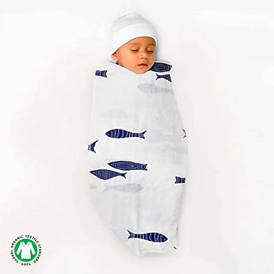 Tinylane 100% Organic Bamboo:Cotton Muslin Baby Swaddle Wrapper Fish Print - Multicolor image
