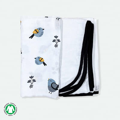 Tinylane 100% Organic Bamboo Cotton Muslin Baby Swaddle Wrappers Bird & Classic White Print Pack Of 2- Multicolor image